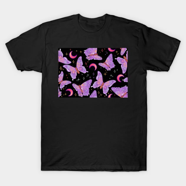 Iridescent Whimsigoth Purple Butterflies on Black with Neon Moons T-Shirt by FrostedSoSweet